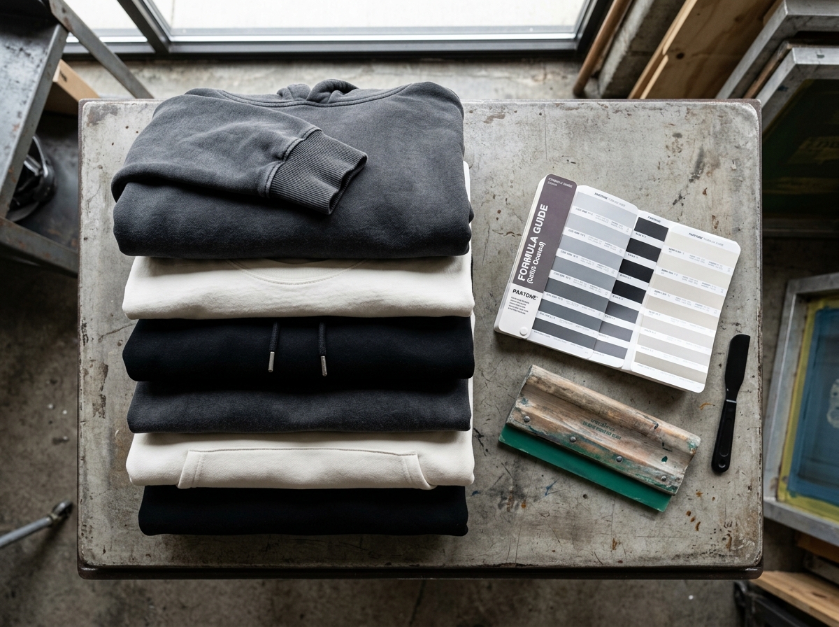 Stacked heavyweight blank t-shirts and hoodies beside Pantone color swatch book