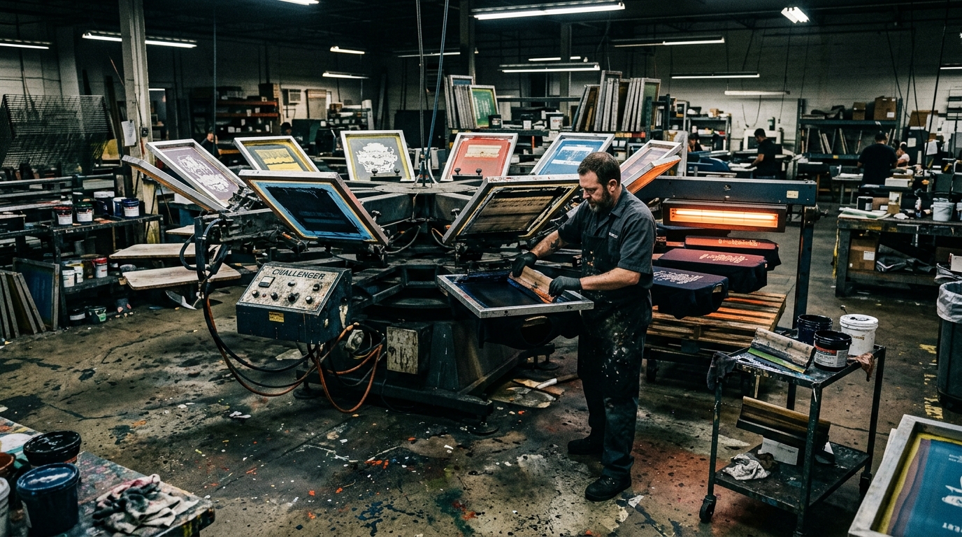 High-capacity 8-color automatic textile carousel press on industrial screen printing floor